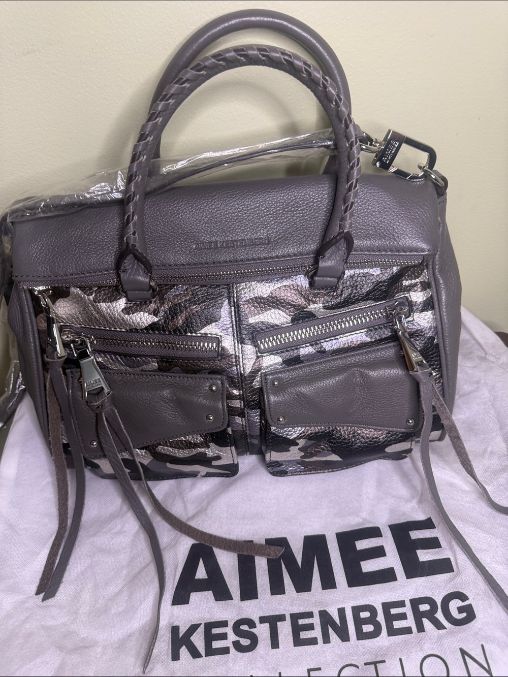 Aimee Kestenberg Gray Pebbled Leather Camo-Accent Satchel